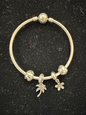 Pandora Sterling Silver Charm Bangle Bracelet with Palm Tree and Flower Charms